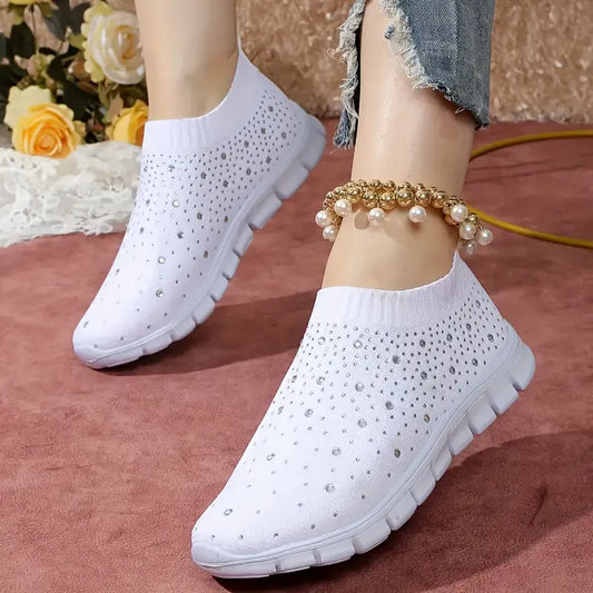 Knit Running Sneakers with Rhinestone Decoration, EVA Sole, Slip-On Design, Round Toe
