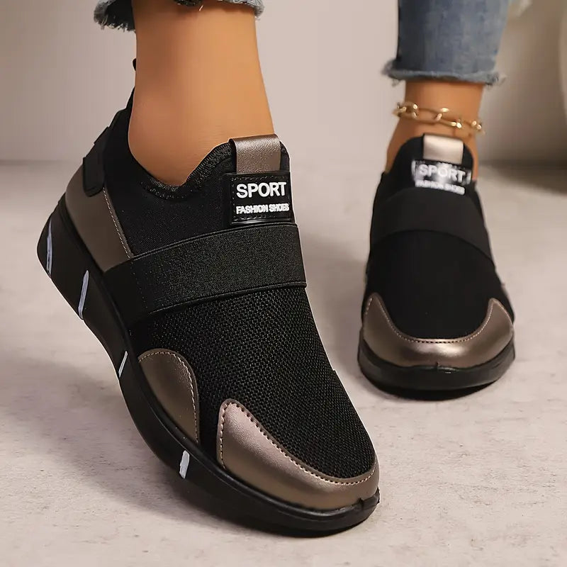 Women's Slip-On Sneakers - Lightweight Knit Upper, Breathable Design, Comfortable Casual Shoes with Strap, Black & Golden