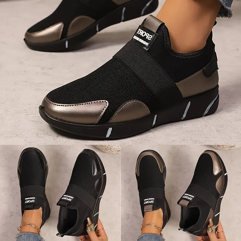 Women's Slip-On Sneakers - Lightweight Knit Upper, Breathable Design, Comfortable Casual Shoes with Strap, Black & Golden