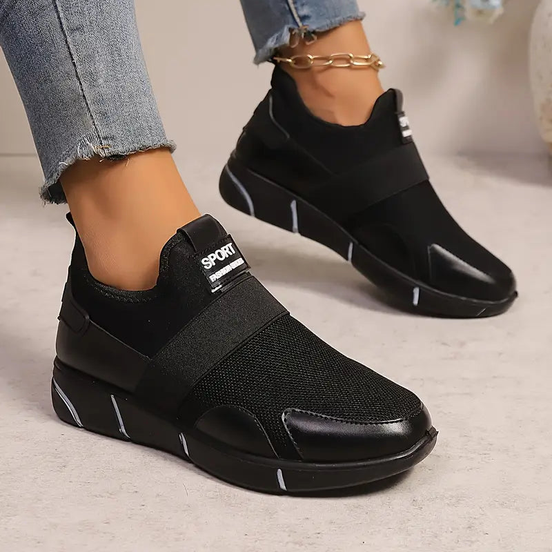 Women's Slip-On Sneakers - Lightweight Knit Upper, Breathable Design, Comfortable Casual Shoes with Strap, Black & Golden