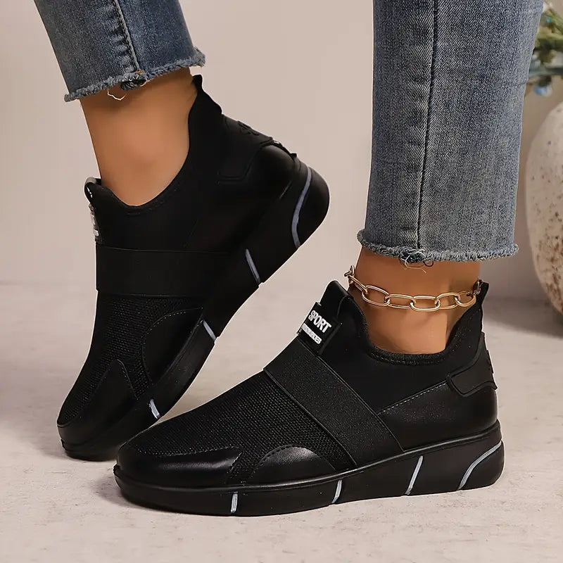 Women's Slip-On Sneakers - Lightweight Knit Upper, Breathable Design, Comfortable Casual Shoes with Strap, Black & Golden
