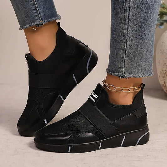 Women's Slip-On Sneakers - Lightweight Knit Upper, Breathable Design, Comfortable Casual Shoes with Strap, Black & Golden