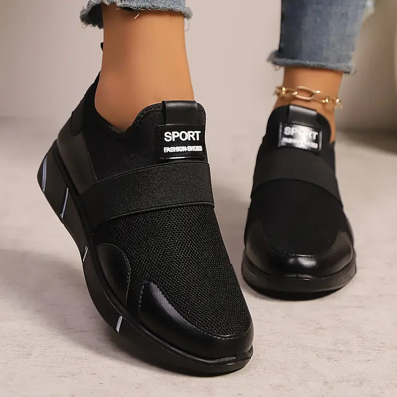 Women's Slip-On Sneakers - Lightweight Knit Upper, Breathable Design, Comfortable Casual Shoes with Strap, Black & Golden