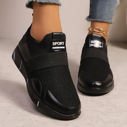 Women's Slip-On Sneakers - Lightweight Knit Upper, Breathable Design, Comfortable Casual Shoes with Strap, Black & Golden