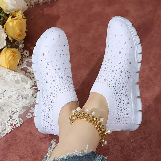 Knit Running Sneakers with Rhinestone Decoration, EVA Sole, Slip-On Design, Round Toe