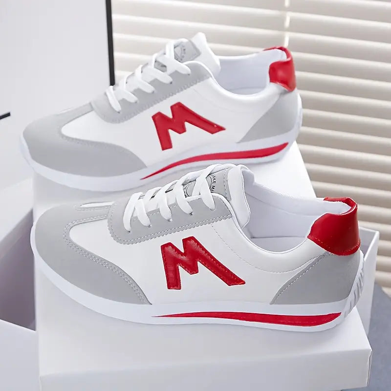 Women's White & Grey Casual Sneakers with Red Accent - Soft Rubber Sole, Breathable Fabric Lining, Synthetic Cover Upper - All-Season Comfort