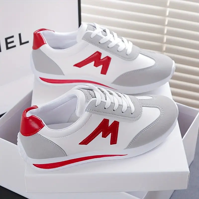Women's White & Grey Casual Sneakers with Red Accent - Soft Rubber Sole, Breathable Fabric Lining, Synthetic Cover Upper - All-Season Comfort