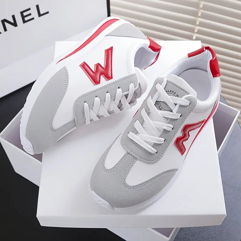Women's White & Grey Casual Sneakers with Red Accent - Soft Rubber Sole, Breathable Fabric Lining, Synthetic Cover Upper - All-Season Comfort