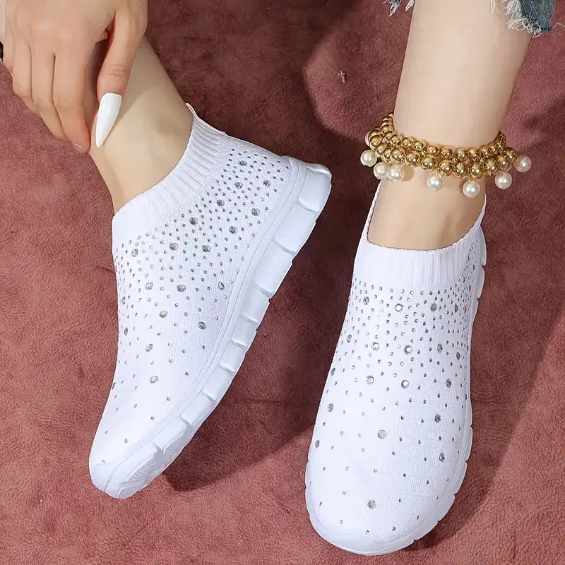 Knit Running Sneakers with Rhinestone Decoration, EVA Sole, Slip-On Design, Round Toe