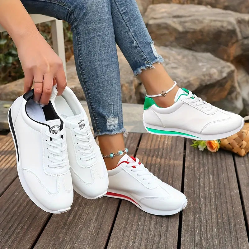 Women's Lightweight Casual Sneakers, Fashionable White with Black, Red, Green, and Yellow Accents,