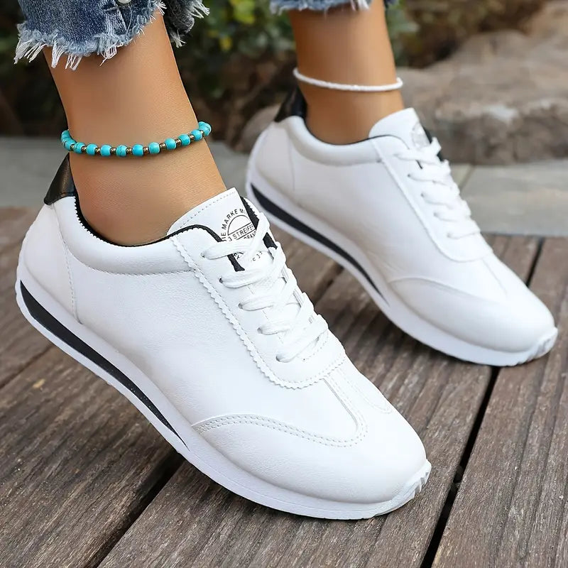 Women's Lightweight Casual Sneakers, Fashionable White with Black, Red, Green, and Yellow Accents,