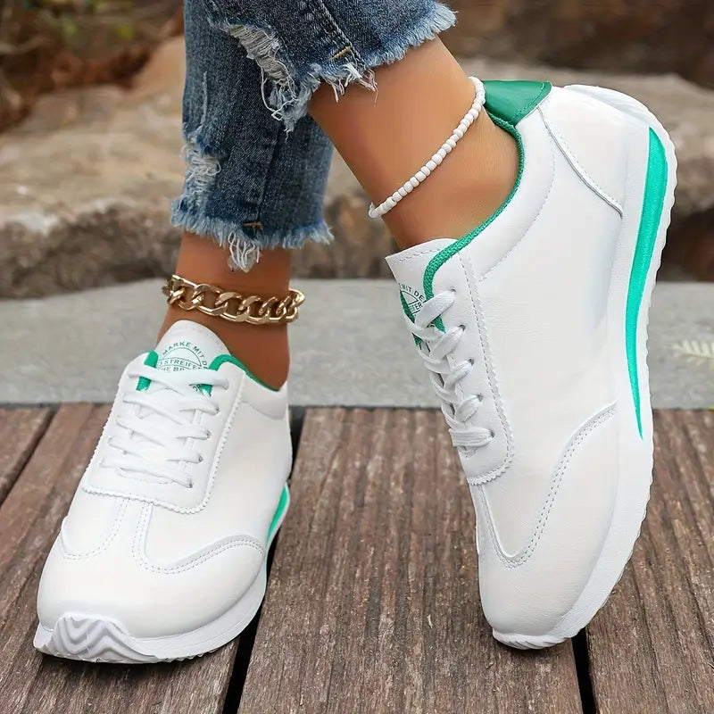 Women's Lightweight Casual Sneakers, Fashionable White with Black, Red, Green, and Yellow Accents,