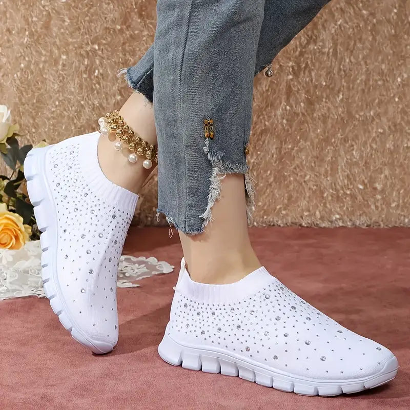 Knit Running Sneakers with Rhinestone Decoration, EVA Sole, Slip-On Design, Round Toe
