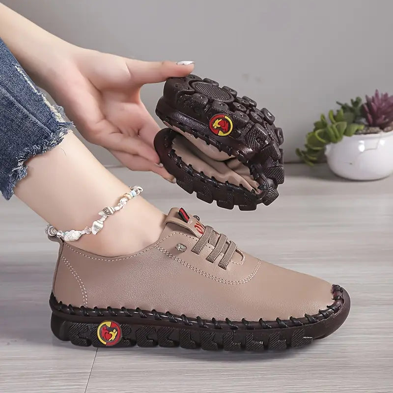 Women's Casual Sneakers - Breathable Soft Sole, Hand-Stitched PU Cover Upper, Lace-Up Low-Top