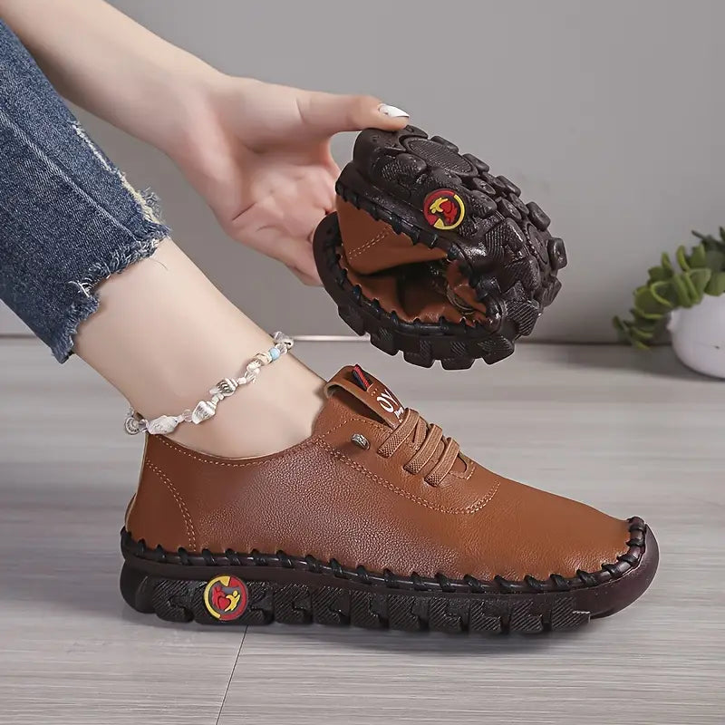 Women's Casual Sneakers - Breathable Soft Sole, Hand-Stitched PU Cover Upper, Lace-Up Low-Top