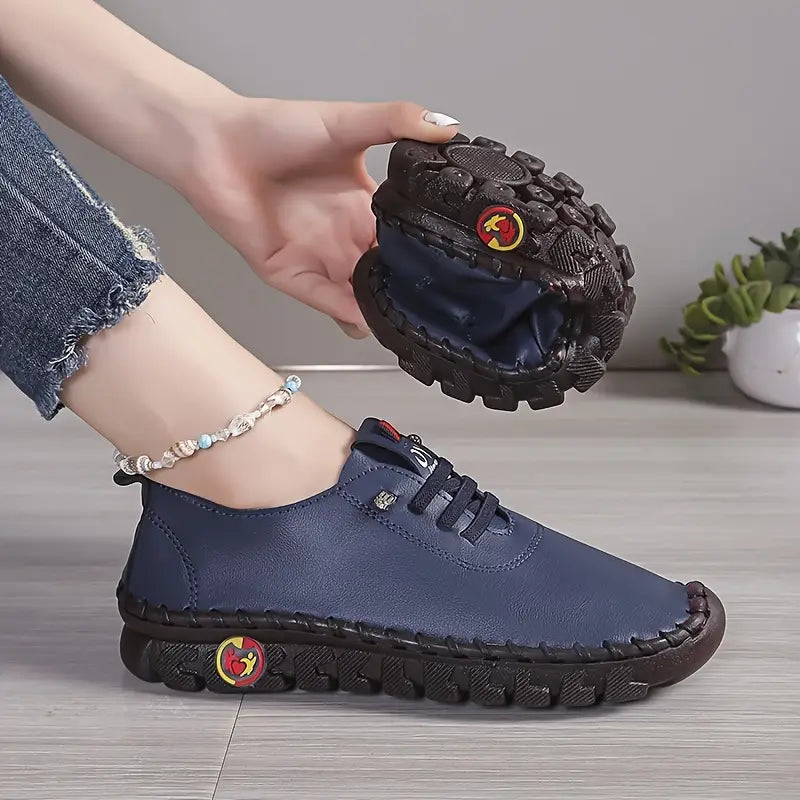 Women's Casual Sneakers - Breathable Soft Sole, Hand-Stitched PU Cover Upper, Lace-Up Low-Top
