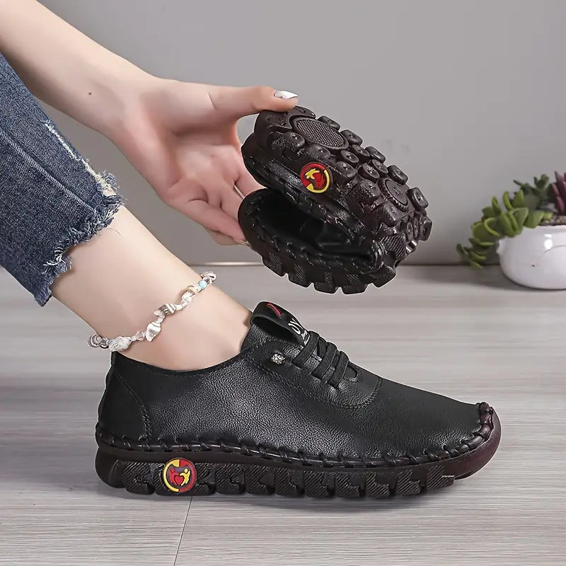 Women's Casual Sneakers - Breathable Soft Sole, Hand-Stitched PU Cover Upper, Lace-Up Low-Top