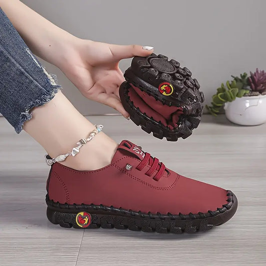 Women's Casual Sneakers - Breathable Soft Sole, Hand-Stitched PU Cover Upper, Lace-Up Low-Top