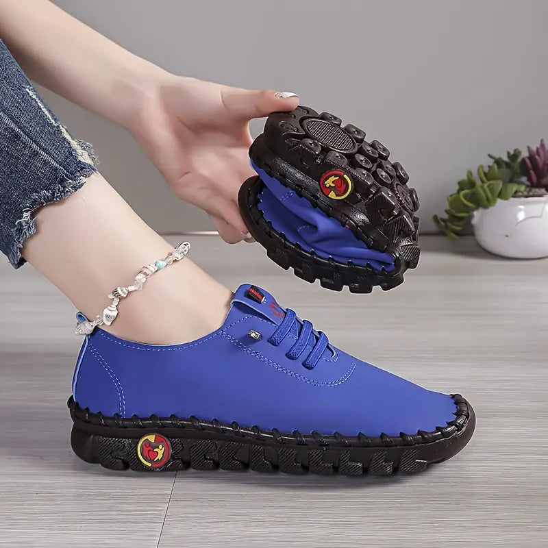 Women's Casual Sneakers - Breathable Soft Sole, Hand-Stitched PU Cover Upper, Lace-Up Low-Top