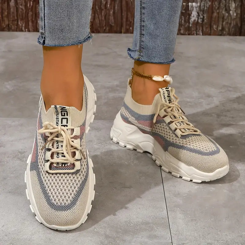 Women's Lightweight Slip-On Sneakers - Breathable Walking Shoes Beige/Pink/Gray/White Colorway - Cushioned Rubber Sole for Everyday, Gym, Errands