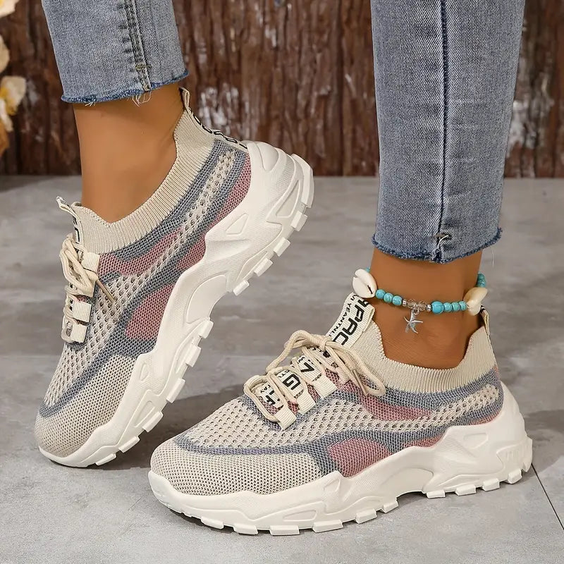 Women's Lightweight Slip-On Sneakers - Breathable Walking Shoes Beige/Pink/Gray/White Colorway - Cushioned Rubber Sole for Everyday, Gym, Errands