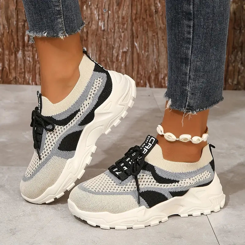 Women's Lightweight Slip-On Sneakers - Breathable Walking Shoes Beige/Pink/Gray/White Colorway - Cushioned Rubber Sole for Everyday, Gym, Errands