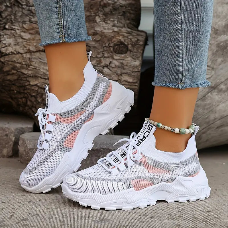 Women's Lightweight Slip-On Sneakers - Breathable Walking Shoes Beige/Pink/Gray/White Colorway - Cushioned Rubber Sole for Everyday, Gym, Errands
