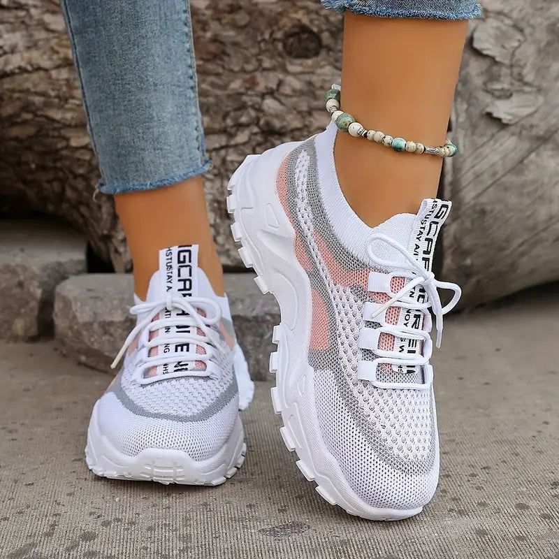Women's Lightweight Slip-On Sneakers - Breathable Walking Shoes Beige/Pink/Gray/White Colorway - Cushioned Rubber Sole for Everyday, Gym, Errands