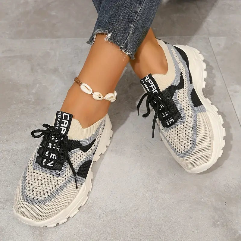 Women's Lightweight Slip-On Sneakers - Breathable Walking Shoes Beige/Pink/Gray/White Colorway - Cushioned Rubber Sole for Everyday, Gym, Errands