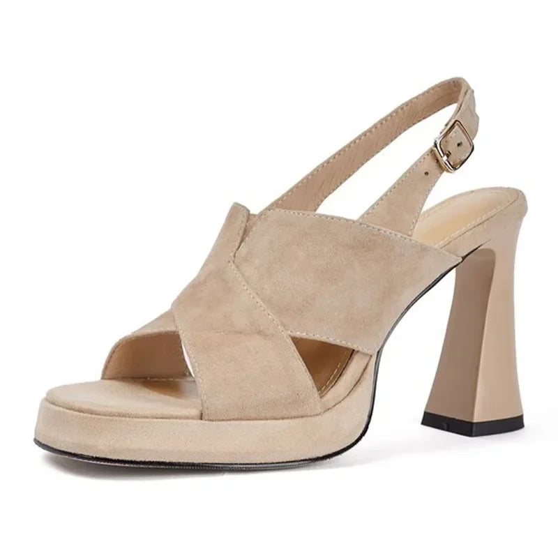 Heels Shoes Women Sandals Square Toe Thick Heeled Pumps Elegant Back Strap Black Leather Shoes 39 40 Sizes Outside