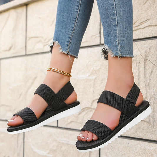 Women's Fashion trend anti-slip wear comfortable matching color sole pure black shoelace flat sandals