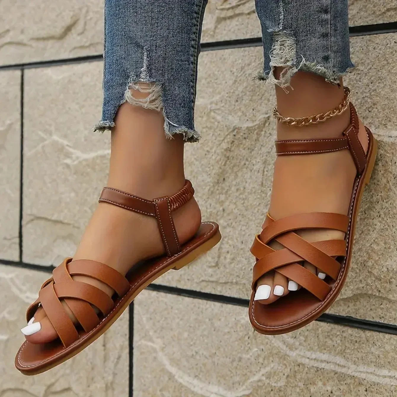 New Shoes for Women Summer Women Flat Bottom Sandals Roman Strap Non Slip Rubber Soles Fashion Ladies Daily Sandals Women