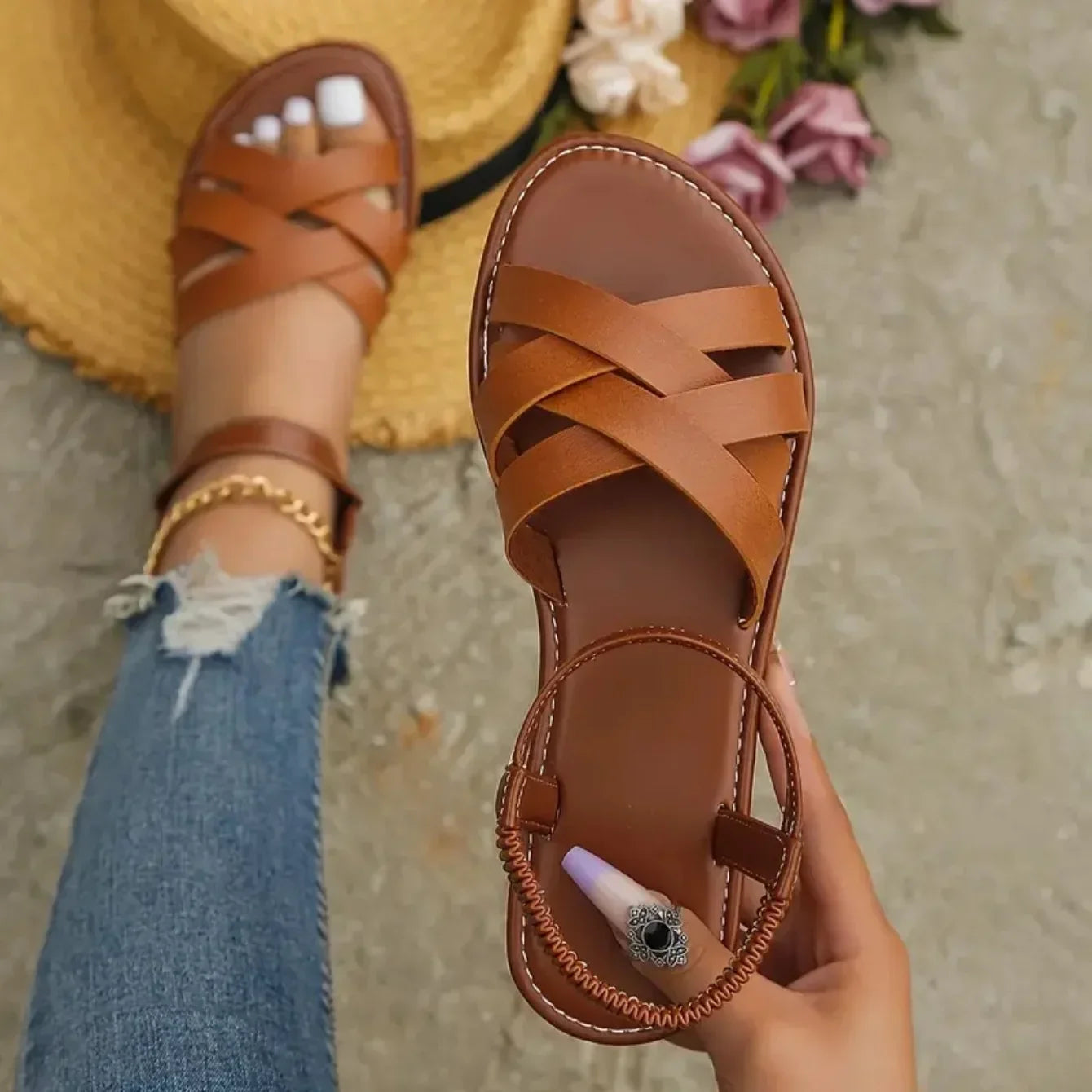New Shoes for Women Summer Women Flat Bottom Sandals Roman Strap Non Slip Rubber Soles Fashion Ladies Daily Sandals Women
