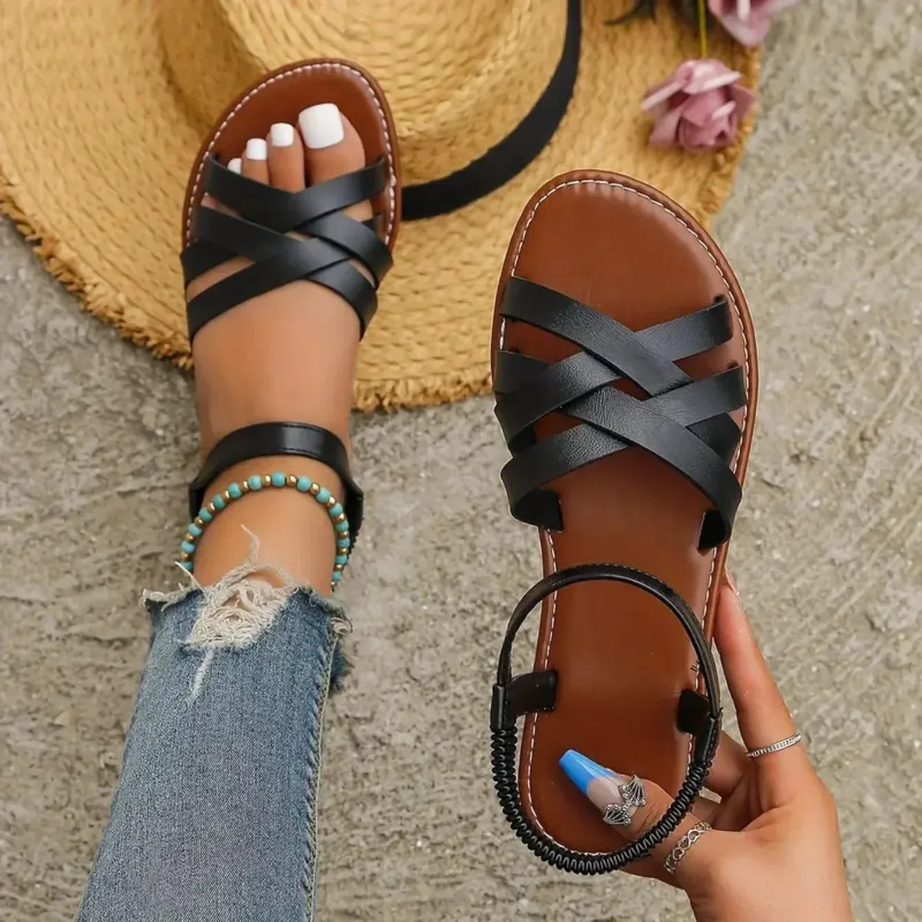 New Shoes for Women Summer Women Flat Bottom Sandals Roman Strap Non Slip Rubber Soles Fashion Ladies Daily Sandals Women