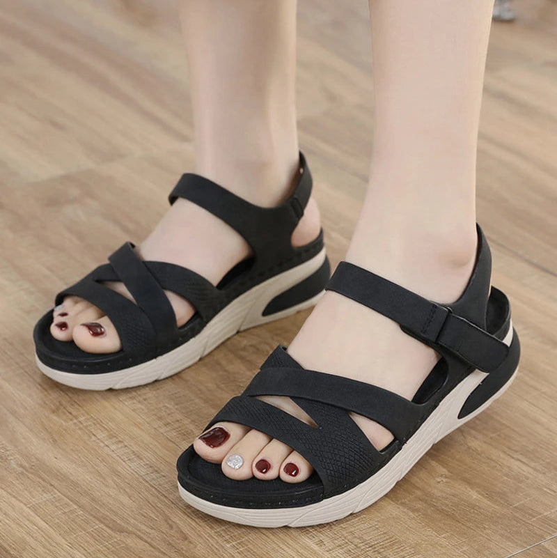 Lightweight Simple Sandals Casual Sports Comfortable Thick Sole Velcro Stitching Large Size Women's Shoes Wedges In Summer