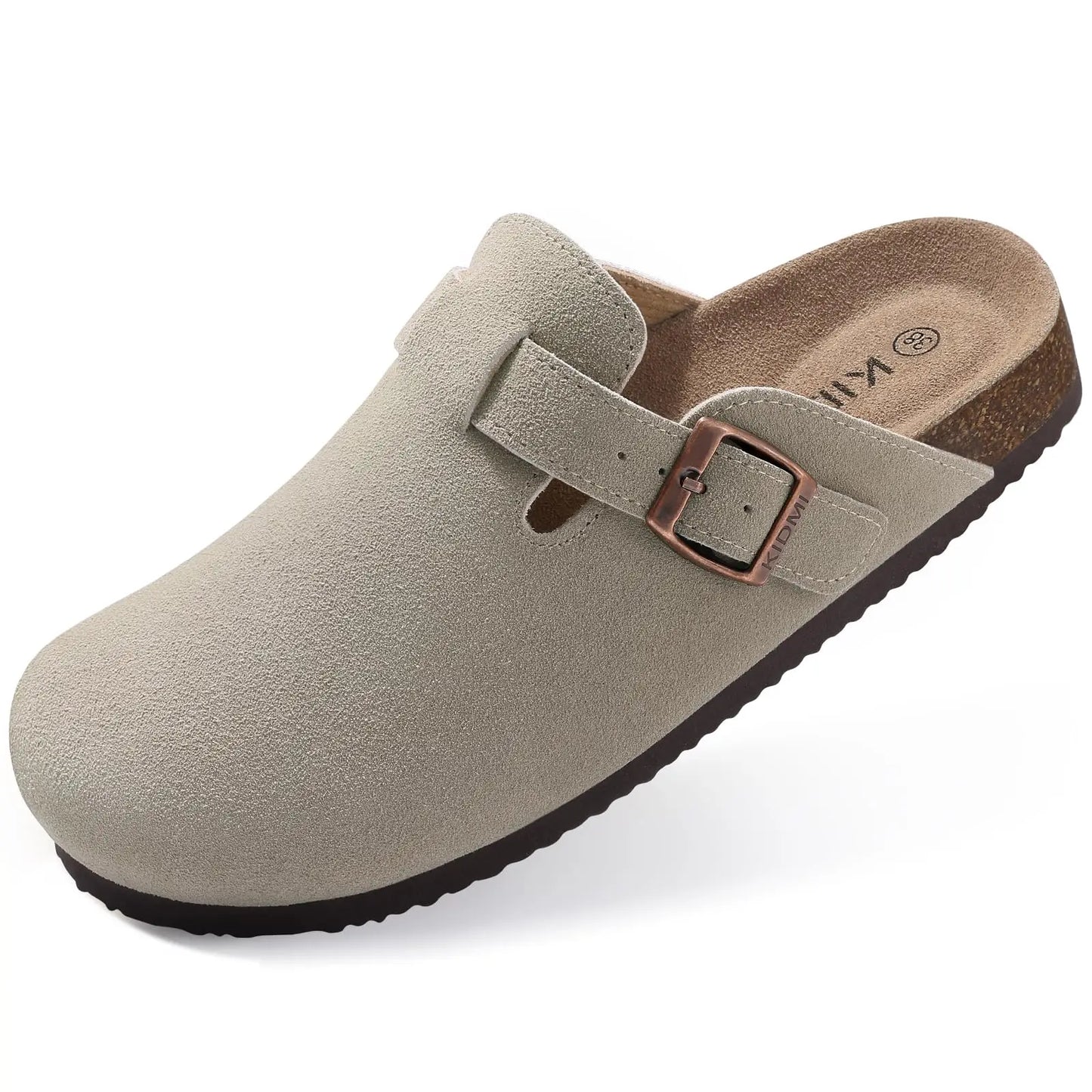 Kidmi New Genuine Suede Clogs for Women Men Clogs Soft Cork Footbed Mules Comfort Potato Shoes with Arch Support Beach Sandals