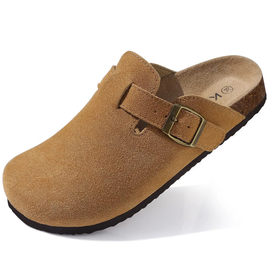 Kidmi New Genuine Suede Clogs for Women Men Clogs Soft Cork Footbed Mules Comfort Potato Shoes with Arch Support Beach Sandals