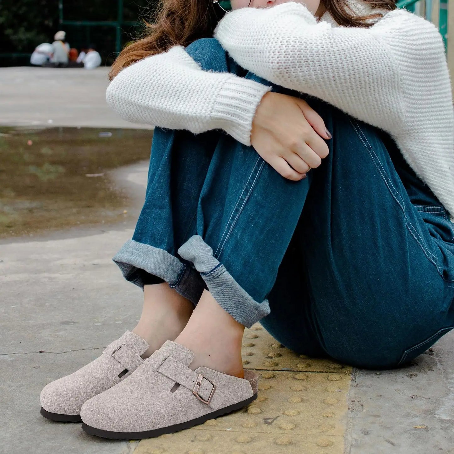 Kidmi New Genuine Suede Clogs for Women Men Clogs Soft Cork Footbed Mules Comfort Potato Shoes with Arch Support Beach Sandals