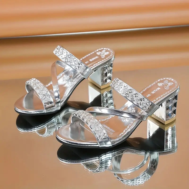 Women'S Elegant Rhinestone-Embellished Mid-Heel Sandals - Stylish Open-Toe Slip-On Block Heel,