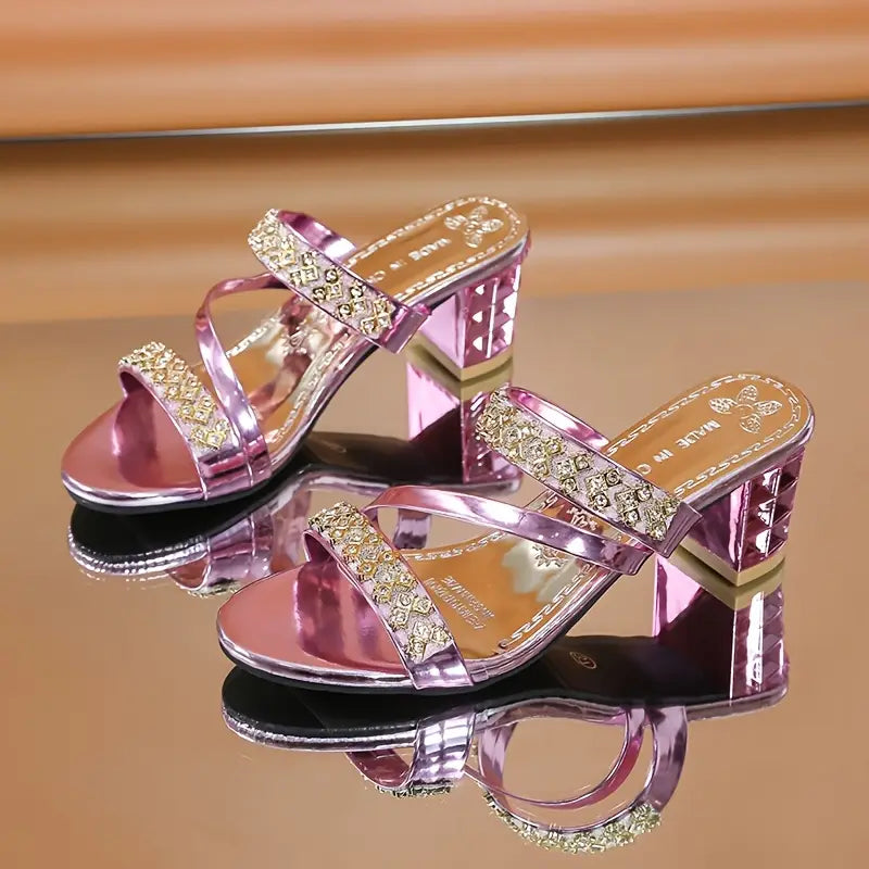 Women'S Elegant Rhinestone-Embellished Mid-Heel Sandals - Stylish Open-Toe Slip-On Block Heel,