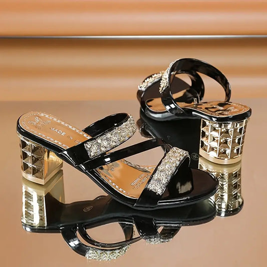 Women'S Elegant Rhinestone-Embellished Mid-Heel Sandals - Stylish Open-Toe Slip-On Block Heel,