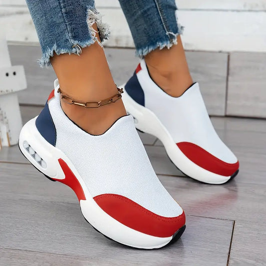 Mesh Running Sneakers - Slip-On Fashion Shoes with PU Sole, Red & White Design,