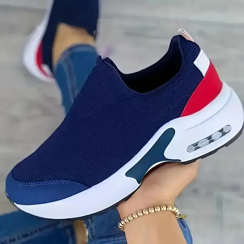 Mesh Running Sneakers - Slip-On Fashion Shoes with PU Sole, Red & White Design,