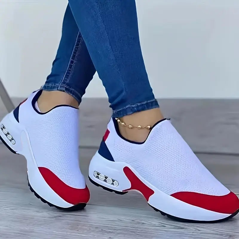 Mesh Running Sneakers - Slip-On Fashion Shoes with PU Sole, Red & White Design,