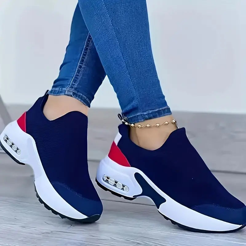 Mesh Running Sneakers - Slip-On Fashion Shoes with PU Sole, Red & White Design,