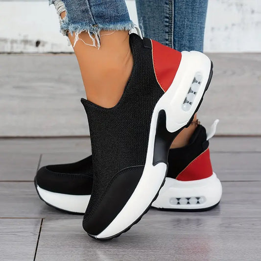 Mesh Running Sneakers - Slip-On Fashion Shoes with PU Sole, Red & White Design,