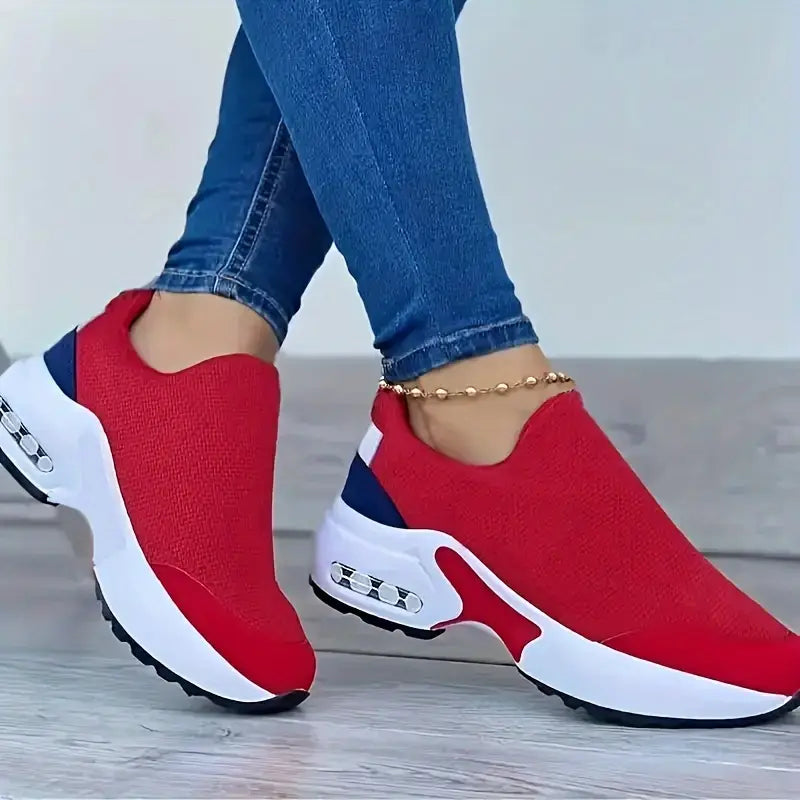 Mesh Running Sneakers - Slip-On Fashion Shoes with PU Sole, Red & White Design,