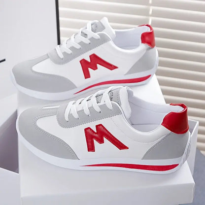 Women's White & Grey Casual Sneakers with Red Accent - Soft Rubber Sole, Breathable Fabric Lining, Synthetic Cover Upper - All-Season Comfort
