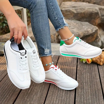 Women's Lightweight Casual Sneakers, Fashionable White with Black, Red, Green, and Yellow Accents,