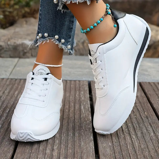 Women's Lightweight Casual Sneakers, Fashionable White with Black, Red, Green, and Yellow Accents,